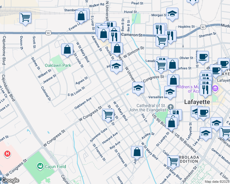 map of restaurants, bars, coffee shops, grocery stores, and more near 903 Myrtle Place in Lafayette