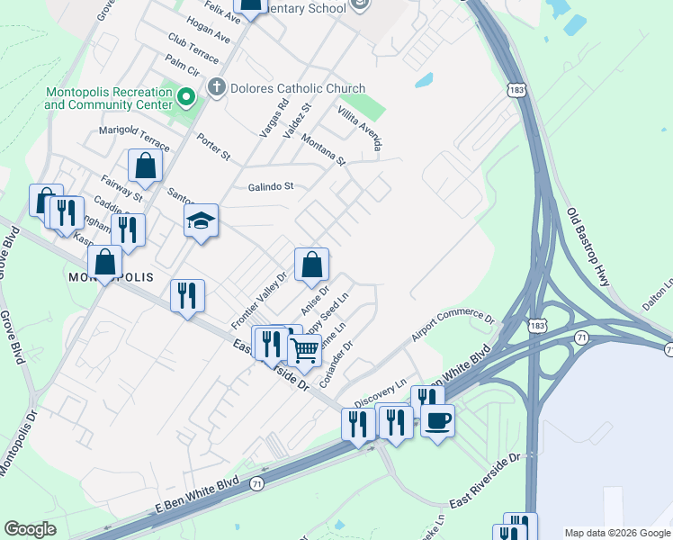 map of restaurants, bars, coffee shops, grocery stores, and more near 1308 Anise Drive in Austin
