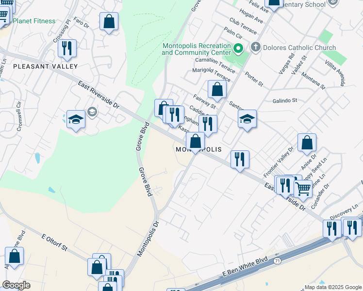 map of restaurants, bars, coffee shops, grocery stores, and more near 6107 East Riverside Drive in Austin