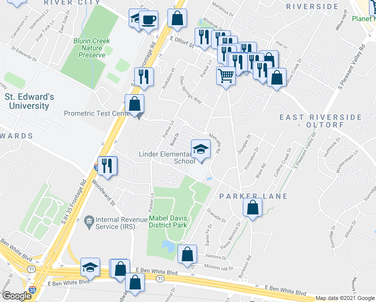 map of restaurants, bars, coffee shops, grocery stores, and more near 2900 Pither Lane in Austin