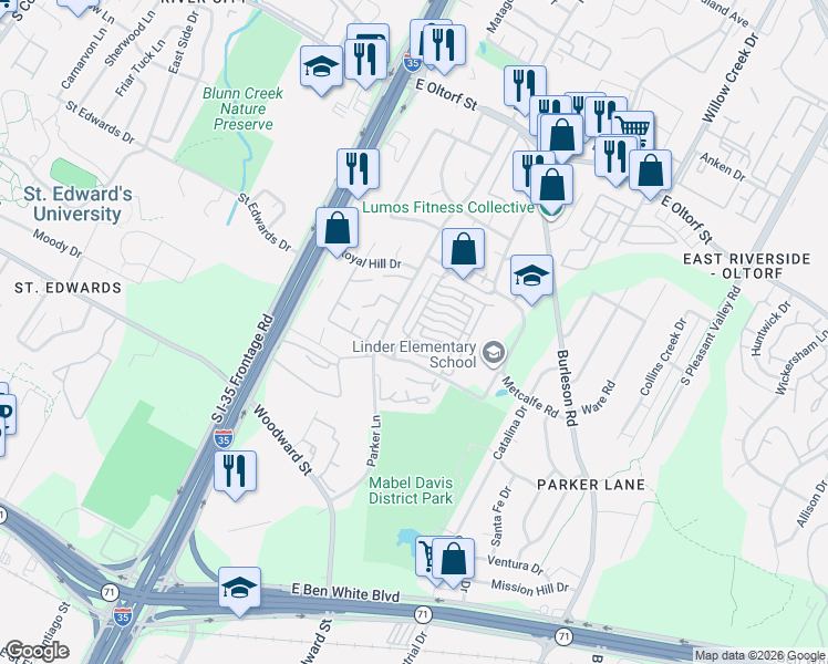 map of restaurants, bars, coffee shops, grocery stores, and more near 1925 Warely Lane in Austin