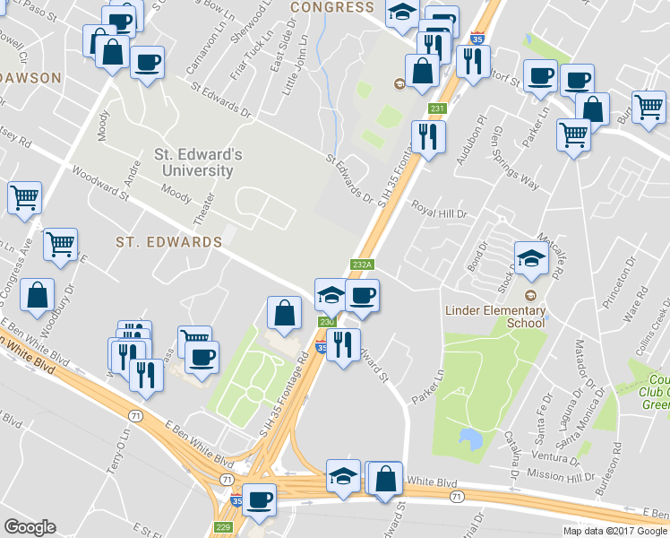 map of restaurants, bars, coffee shops, grocery stores, and more near 3300 South Interstate 35 Frontage Road in Austin