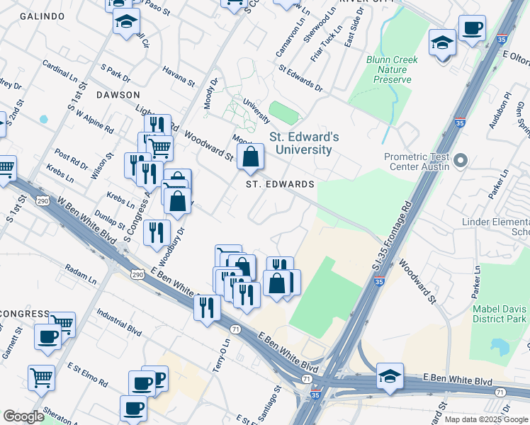map of restaurants, bars, coffee shops, grocery stores, and more near 3449 Willowrun Drive in Austin