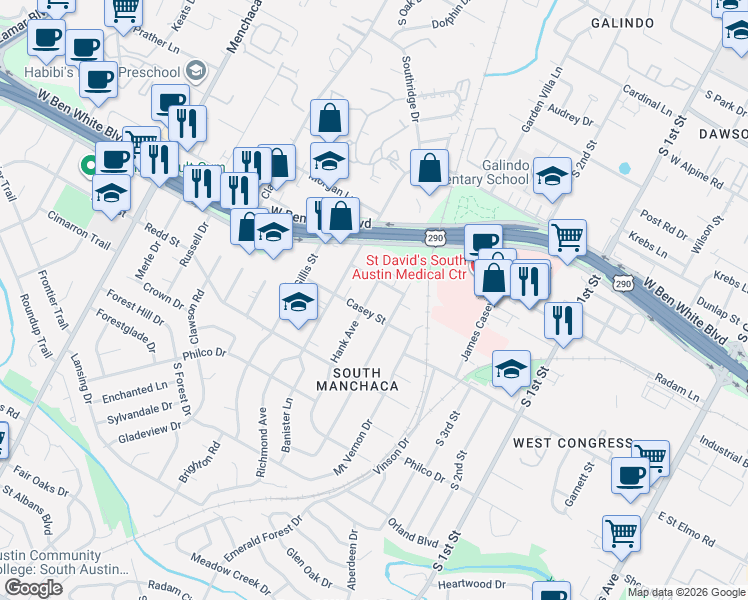 map of restaurants, bars, coffee shops, grocery stores, and more near 4316 Jinx Avenue in Austin