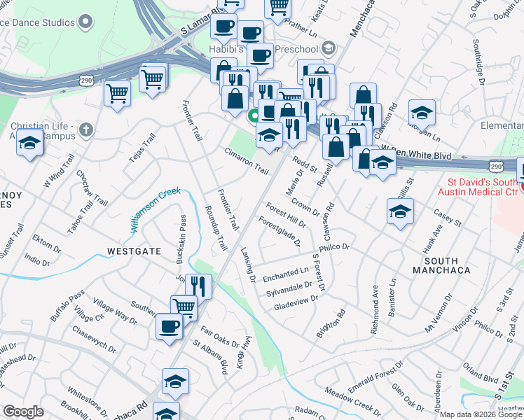 map of restaurants, bars, coffee shops, grocery stores, and more near 1904 Forestglade Drive in Austin