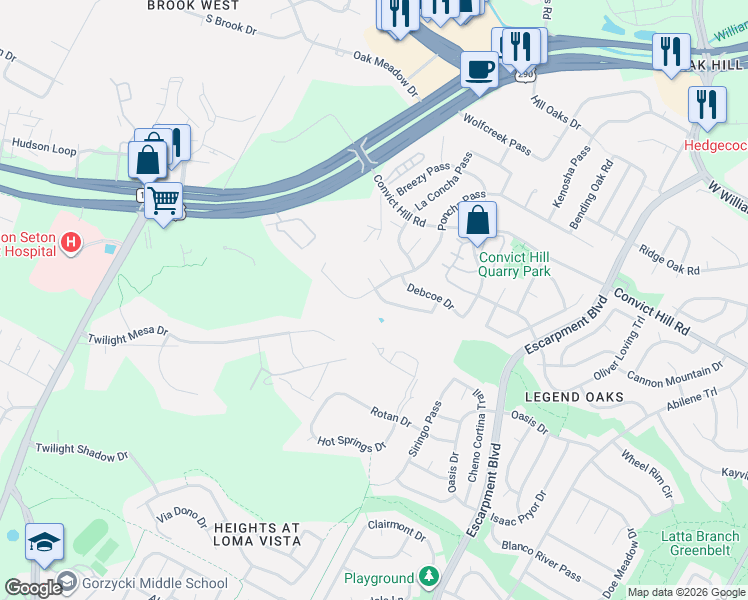 map of restaurants, bars, coffee shops, grocery stores, and more near 6809 Telluride Trail in Austin