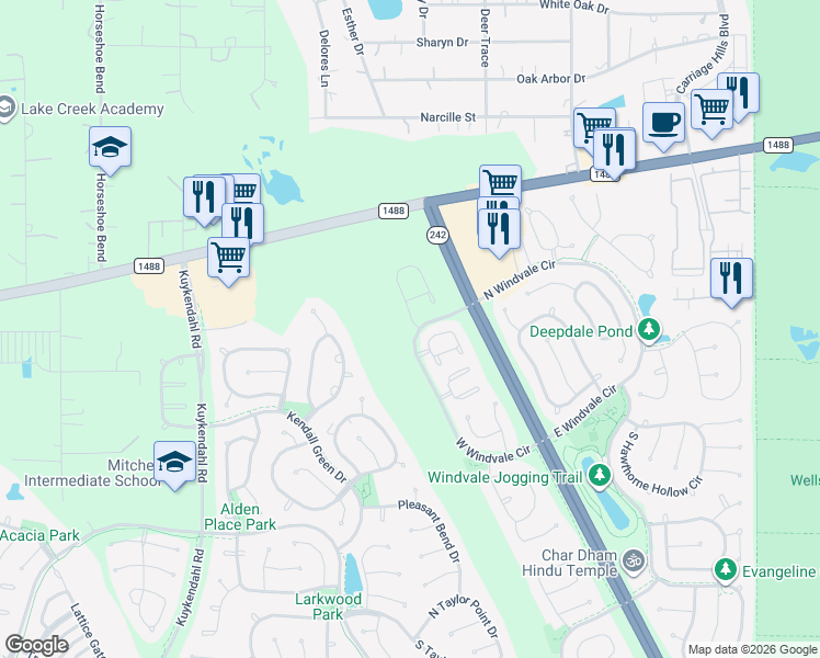 map of restaurants, bars, coffee shops, grocery stores, and more near 3 West Greenhill Terrace Place in Spring
