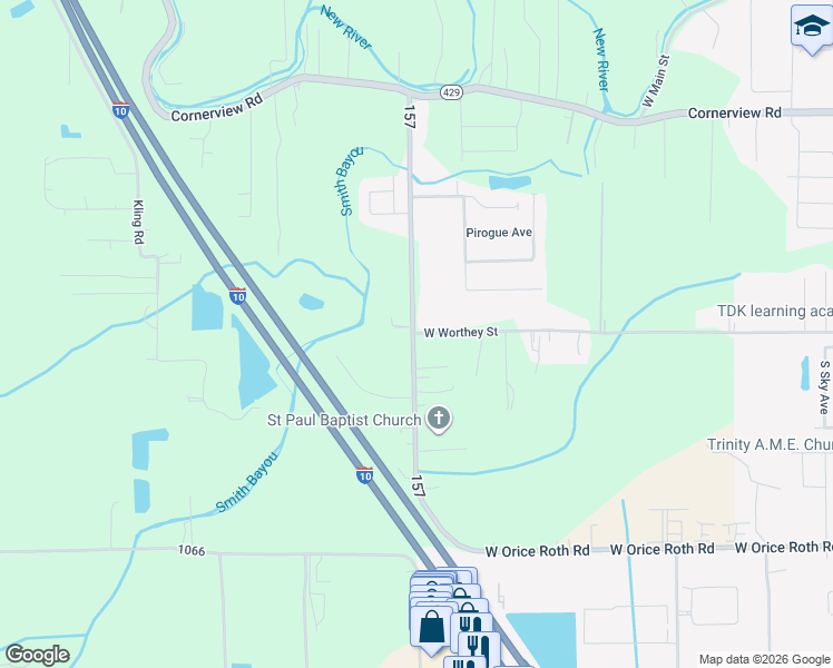 map of restaurants, bars, coffee shops, grocery stores, and more near 3535 West Worthy Street in Gonzales