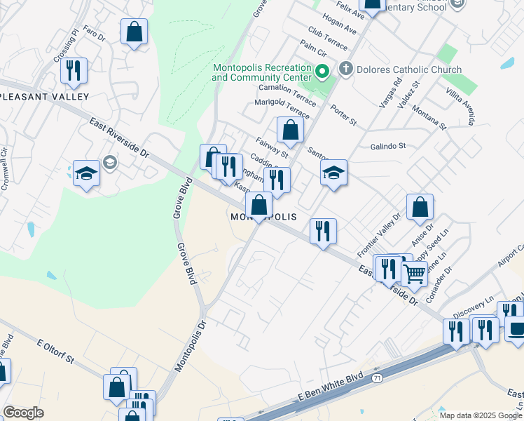 map of restaurants, bars, coffee shops, grocery stores, and more near 6212 East Riverside Drive in Austin