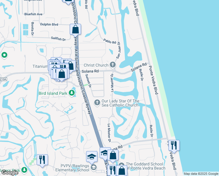 map of restaurants, bars, coffee shops, grocery stores, and more near 514 Le Master Drive in Ponte Vedra Beach
