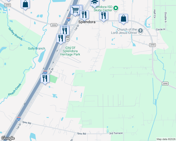 map of restaurants, bars, coffee shops, grocery stores, and more near 15080 Usher Lane in Splendora