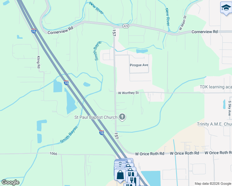 map of restaurants, bars, coffee shops, grocery stores, and more near 3535 West Worthy Street in Gonzales