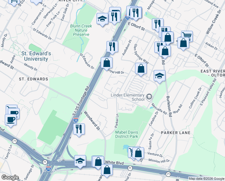 map of restaurants, bars, coffee shops, grocery stores, and more near 1720 Timber Ridge Road in Austin