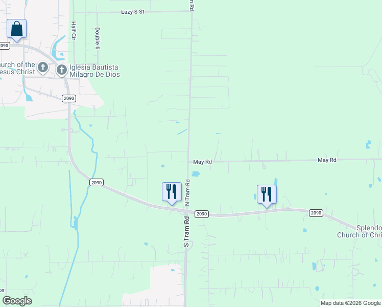 map of restaurants, bars, coffee shops, grocery stores, and more near 15050 North Tram Road in Splendora