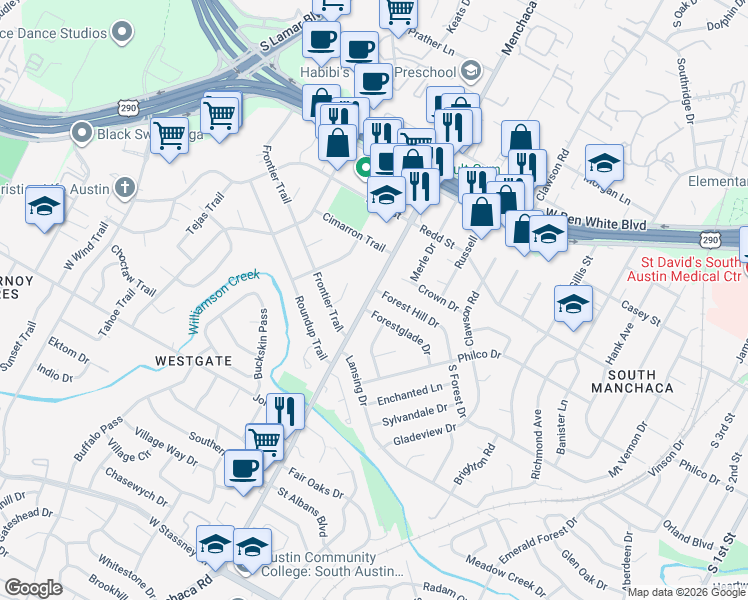 map of restaurants, bars, coffee shops, grocery stores, and more near 1904 Forestglade Drive in Austin