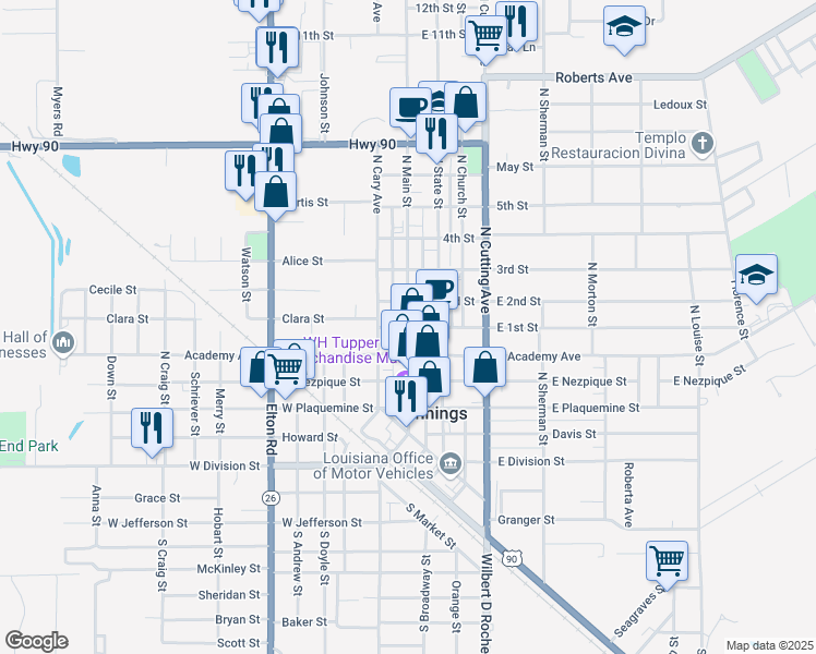 map of restaurants, bars, coffee shops, grocery stores, and more near 602 North Main Street in Jennings