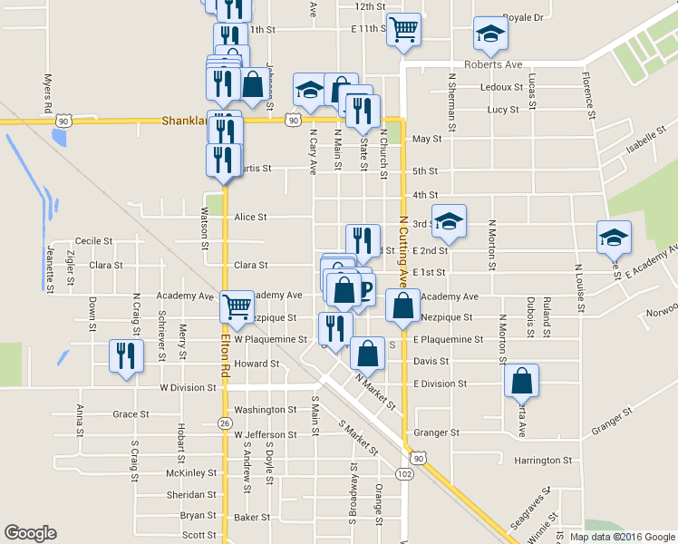 map of restaurants, bars, coffee shops, grocery stores, and more near 602 North Main Street in Jennings