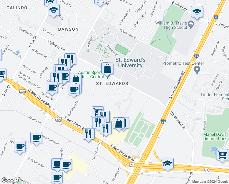 map of restaurants, bars, coffee shops, grocery stores, and more near 3453 Willowrun Drive in Austin