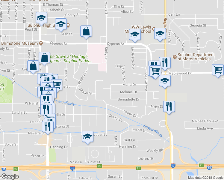 map of restaurants, bars, coffee shops, grocery stores, and more near 900 Melanie Drive in Sulphur