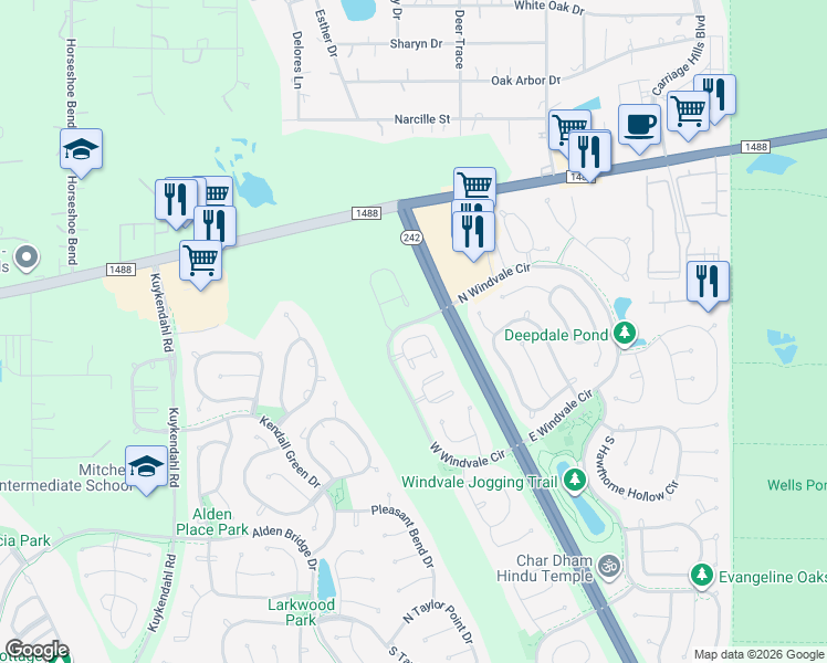 map of restaurants, bars, coffee shops, grocery stores, and more near 119 North Camellia Grove Circle in Spring