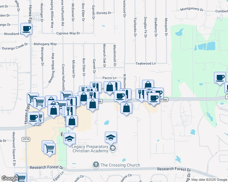 map of restaurants, bars, coffee shops, grocery stores, and more near 5807 Weisinger Drive in Magnolia