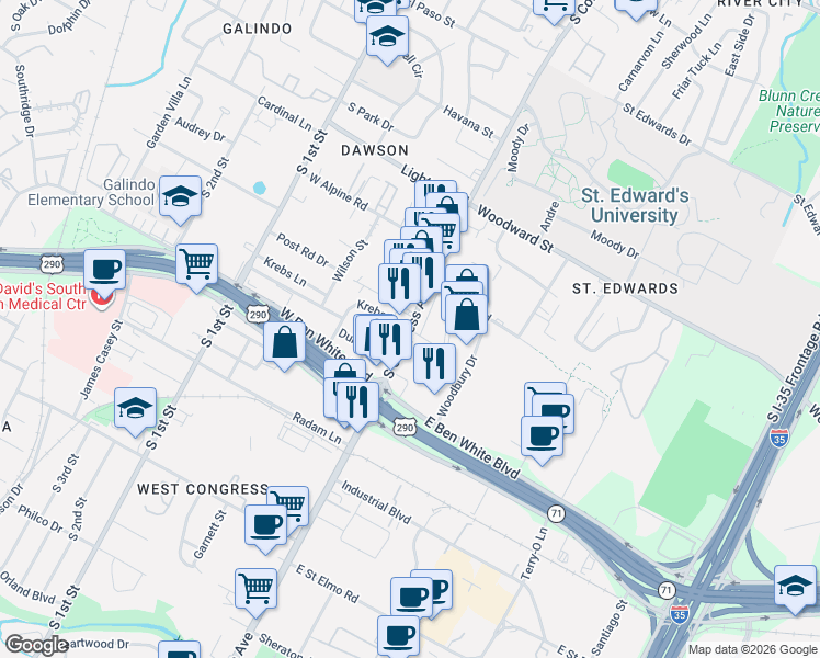map of restaurants, bars, coffee shops, grocery stores, and more near in Austin