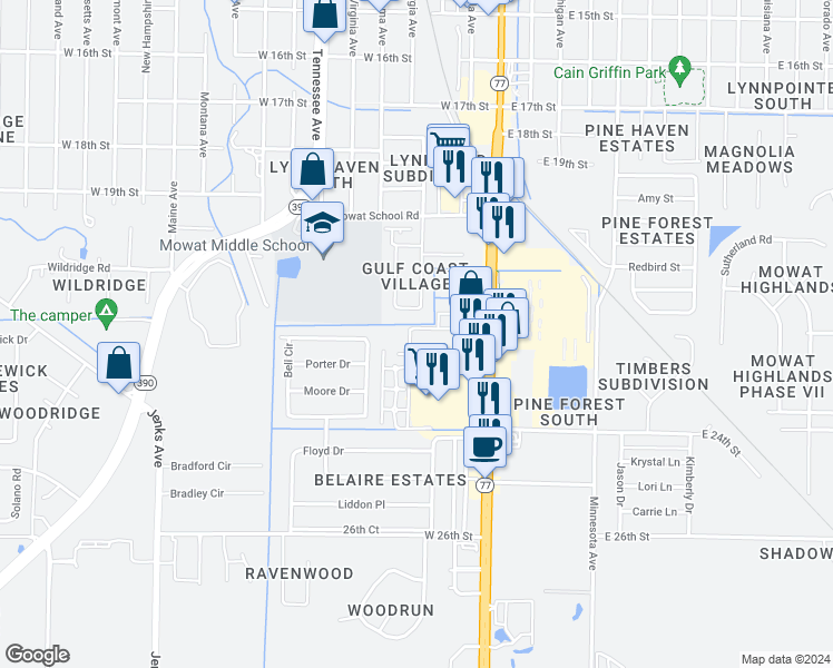 map of restaurants, bars, coffee shops, grocery stores, and more near 2200 Florida 77 in Lynn Haven