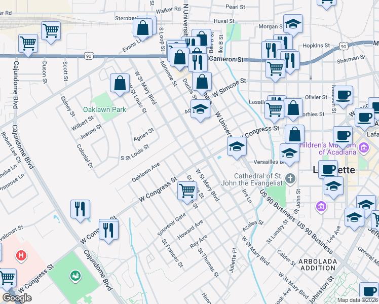 map of restaurants, bars, coffee shops, grocery stores, and more near 1621 West Saint Mary Boulevard in Lafayette