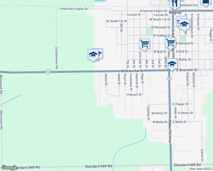 map of restaurants, bars, coffee shops, grocery stores, and more near 210 Laquer Street in Rayne
