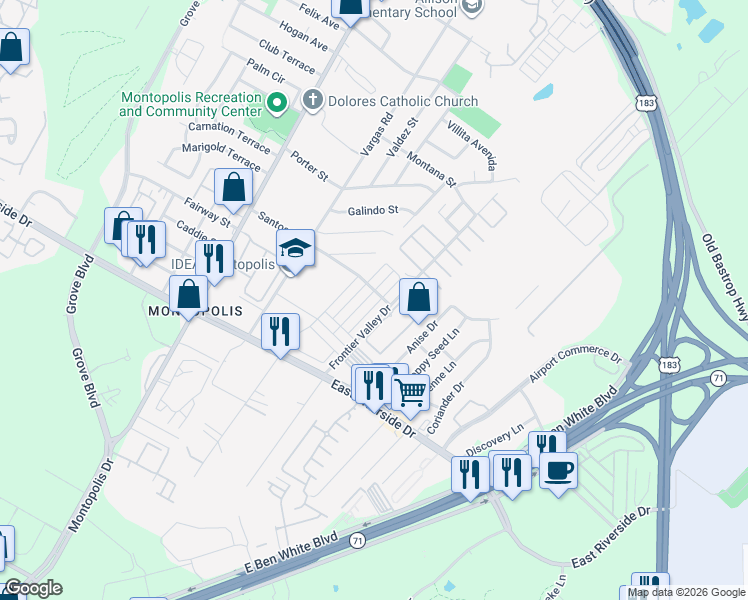 map of restaurants, bars, coffee shops, grocery stores, and more near 1600 Frontier Valley Drive in Austin