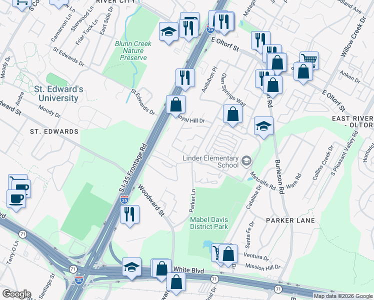 map of restaurants, bars, coffee shops, grocery stores, and more near 3001 Timber Lane in Austin