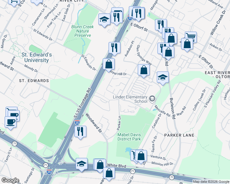 map of restaurants, bars, coffee shops, grocery stores, and more near 1720 Timber Ridge Road in Austin