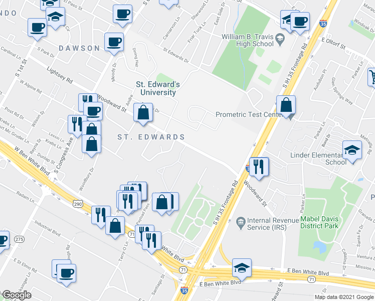 map of restaurants, bars, coffee shops, grocery stores, and more near 701 Woodward Street in Austin