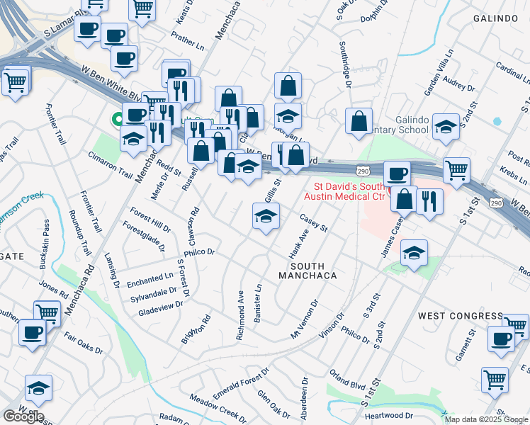 map of restaurants, bars, coffee shops, grocery stores, and more near 4408 Banister Lane in Austin