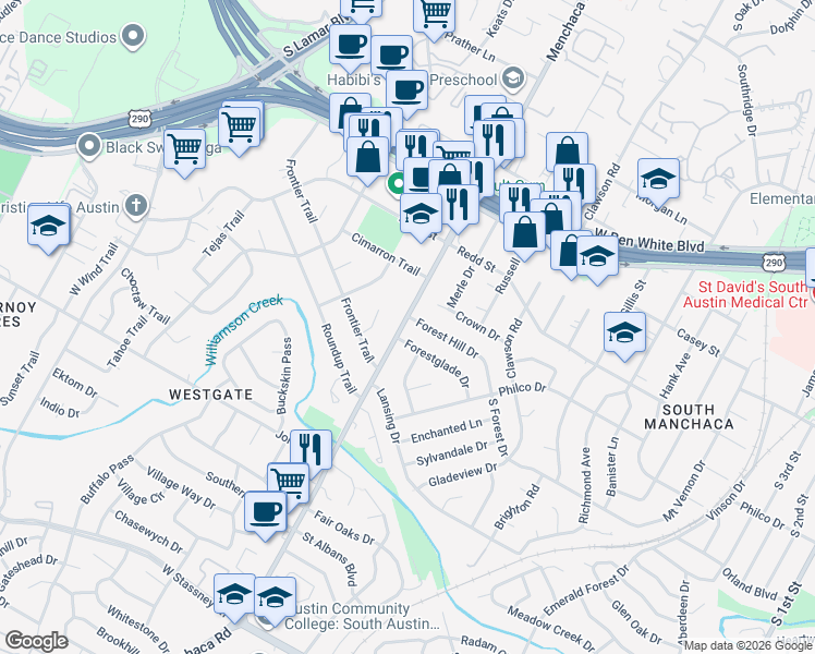 map of restaurants, bars, coffee shops, grocery stores, and more near 1904 Forestglade Drive in Austin