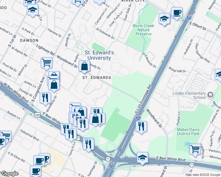 map of restaurants, bars, coffee shops, grocery stores, and more near 701 Woodward Street in Austin
