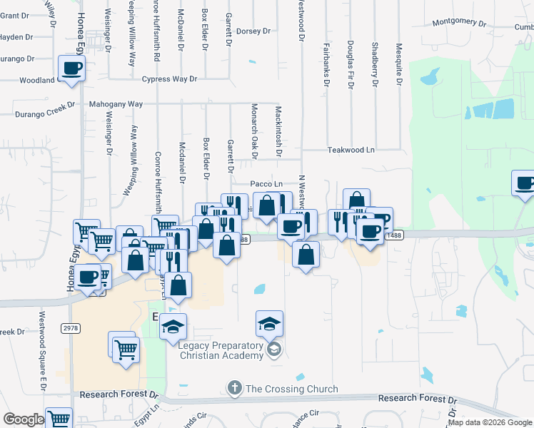 map of restaurants, bars, coffee shops, grocery stores, and more near 5807 Weisinger Drive in Magnolia