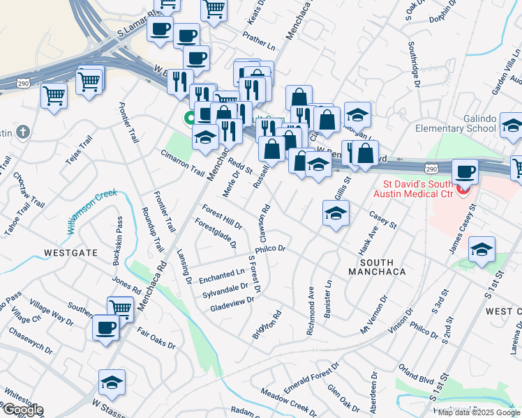 map of restaurants, bars, coffee shops, grocery stores, and more near 4511 Clawson Road in Austin