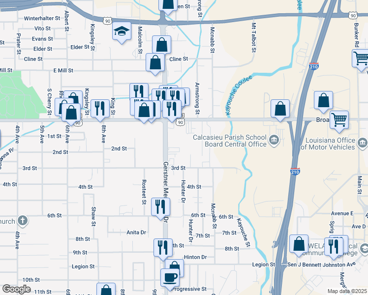 map of restaurants, bars, coffee shops, grocery stores, and more near 1004 Louisiana 14 in Lake Charles