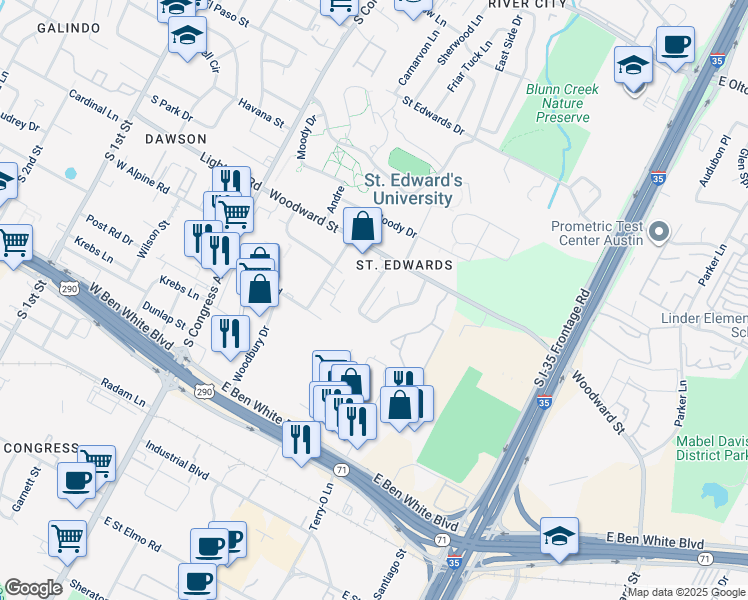 map of restaurants, bars, coffee shops, grocery stores, and more near 3449 Willowrun Drive in Austin