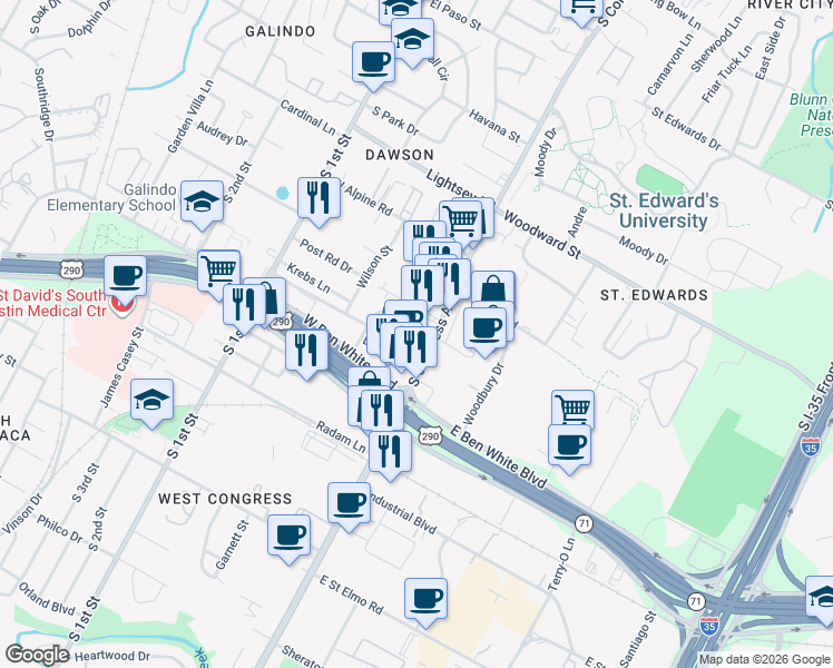 map of restaurants, bars, coffee shops, grocery stores, and more near 3813 Wadford Street in Austin