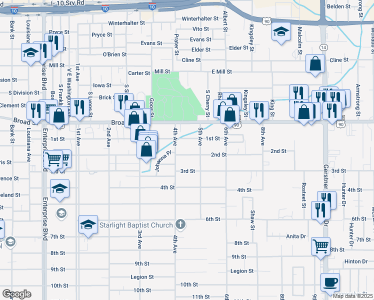 map of restaurants, bars, coffee shops, grocery stores, and more near 2014 2nd Street in Lake Charles