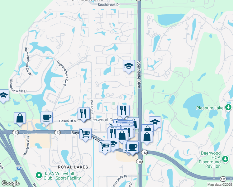 map of restaurants, bars, coffee shops, grocery stores, and more near 2404 Wood Hill Place in Jacksonville