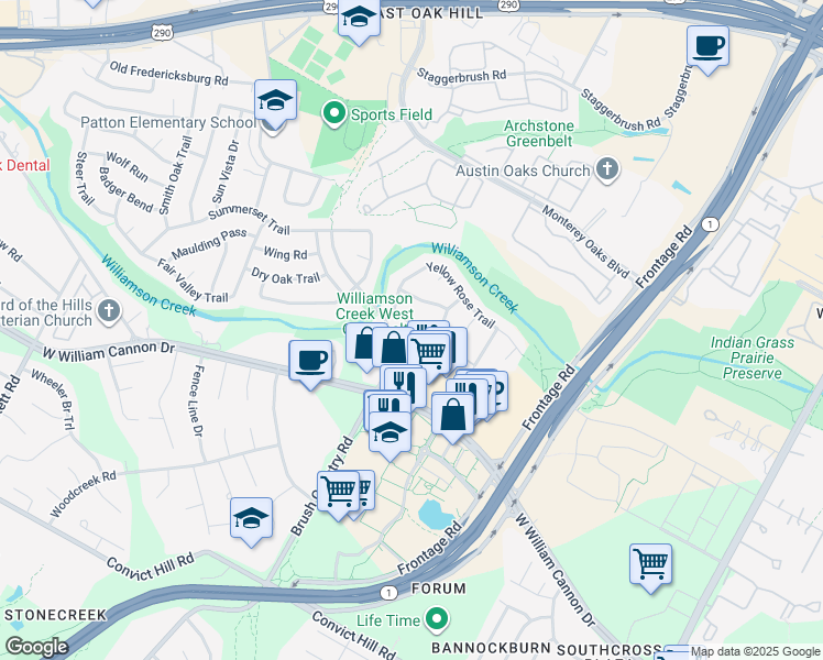 map of restaurants, bars, coffee shops, grocery stores, and more near 4527 Langtry Lane in Austin
