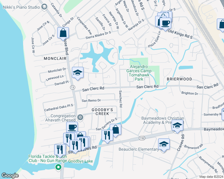 map of restaurants, bars, coffee shops, grocery stores, and more near 4202 San Clerc Road in Jacksonville