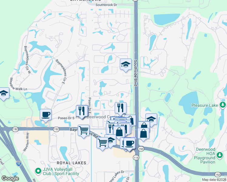 map of restaurants, bars, coffee shops, grocery stores, and more near 2404 Wood Hill Place in Jacksonville