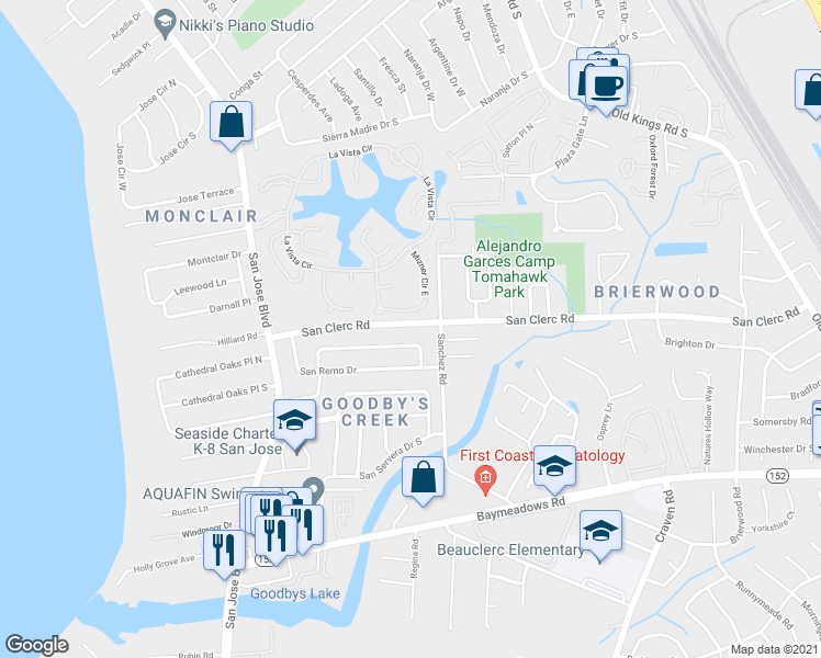 map of restaurants, bars, coffee shops, grocery stores, and more near 4205 San Bernado Drive in Jacksonville