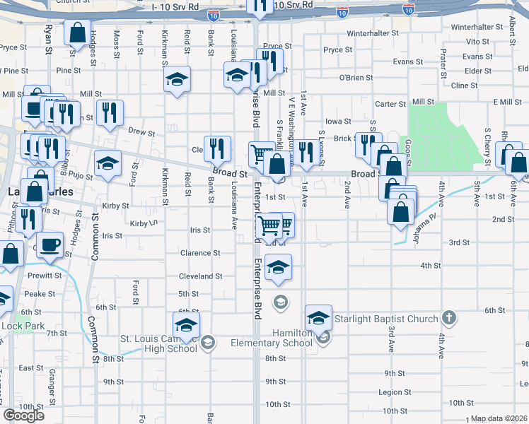 map of restaurants, bars, coffee shops, grocery stores, and more near 1230 2nd St in Lake Charles