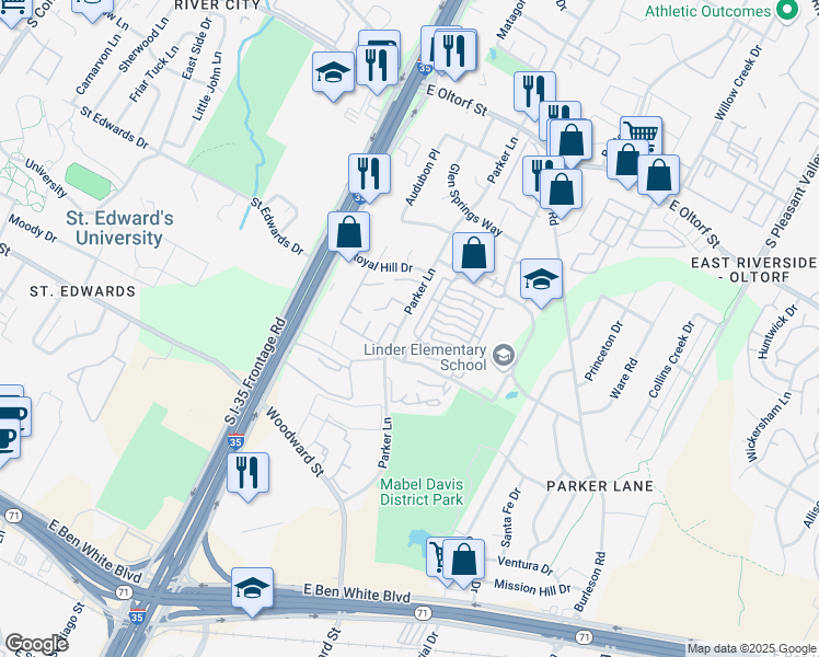 map of restaurants, bars, coffee shops, grocery stores, and more near 3003 Parker Lane in Austin