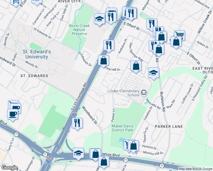 map of restaurants, bars, coffee shops, grocery stores, and more near 3001 Timber Lane in Austin